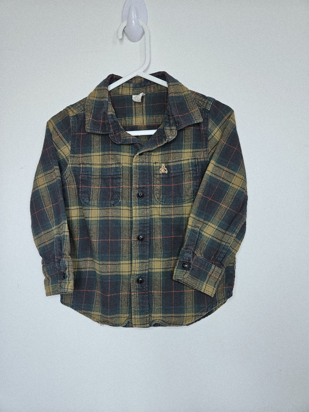 Baby Gap Boys Plaid Flannel Button Up Shirt Toddler Size 3T Green Brown Bear Log